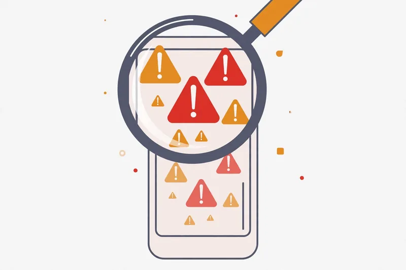 Illustration of a magnifying glass revealing scam warning signs on a smartphone