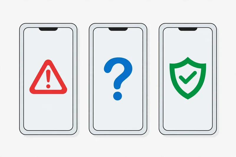 Illustration comparing three phone screens with warning, question, and checkmark symbols