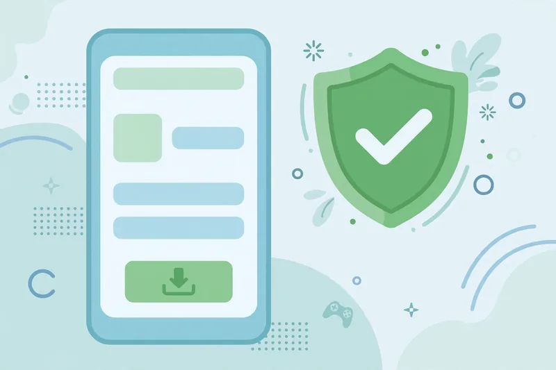Illustration showing safe app downloads from an official app store with a security shield